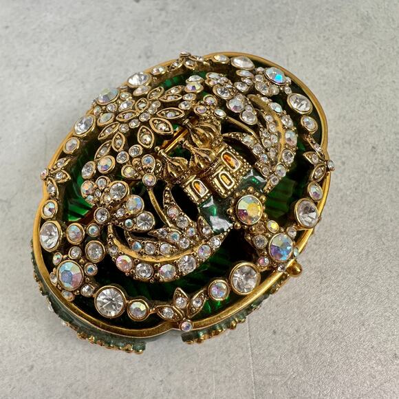 Joan Rivers Trinket Box Taj Mahal AB Crystal Green Enamel Gold Tone Brooch - Picture 2 of 11
